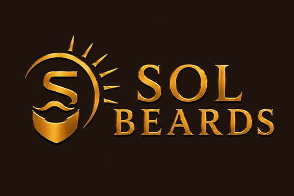 Sol Beards gold logo with sun and beard icon, beard care brand