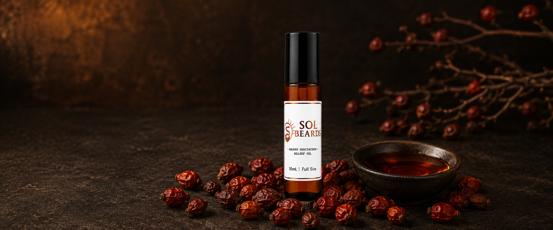 Sol Beards Beard Irritation Relief Oil 10mL roll-on bottle surrounded by dried rosehips and golden rosehip seed oil in dark ceramic dish, rosehip branches in background, warm amber lighting, premium men's grooming product