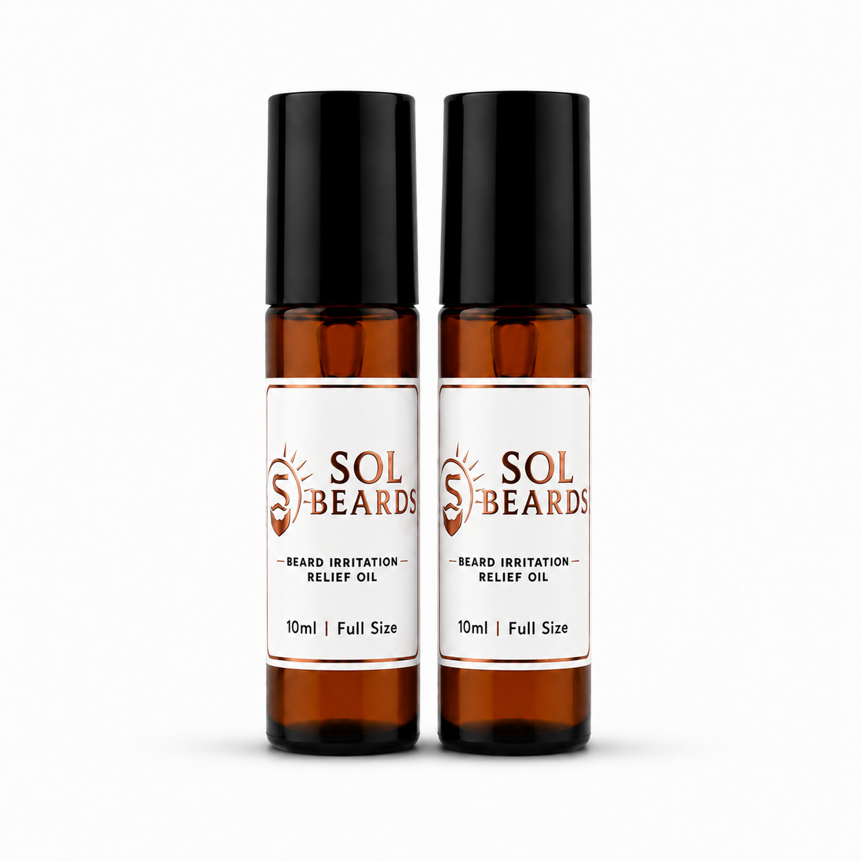 Two Sol Beards 10ml Full Size beard irritation relief oil bottles side by side
